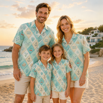 HW-M129-Nautical Patchwork Coastal Anchor Vintage Sea Theme Hawaiian Shirt Ocean Vacation Button Down Top