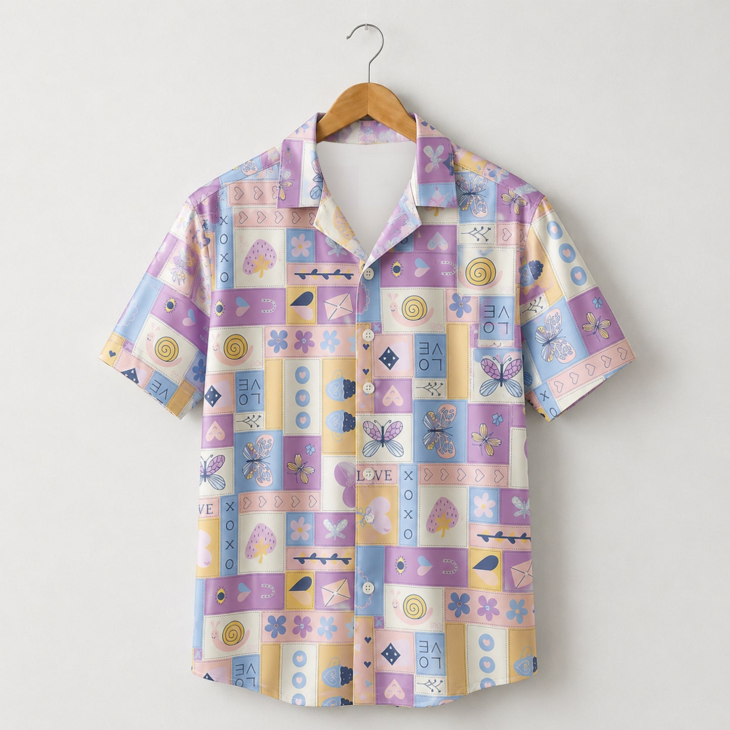 HW-M130-Pastel Lavender Patchwork Y2K Kawaii Butterfly Heart Hawaiian Shirt Cute Summer Vacation Festival Top