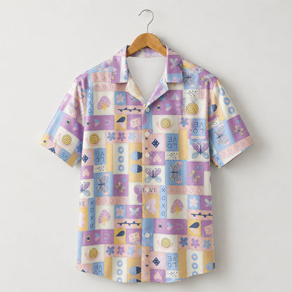 HW-M130-Pastel Lavender Patchwork Y2K Kawaii Butterfly Heart Hawaiian Shirt Cute Summer Vacation Festival Top
