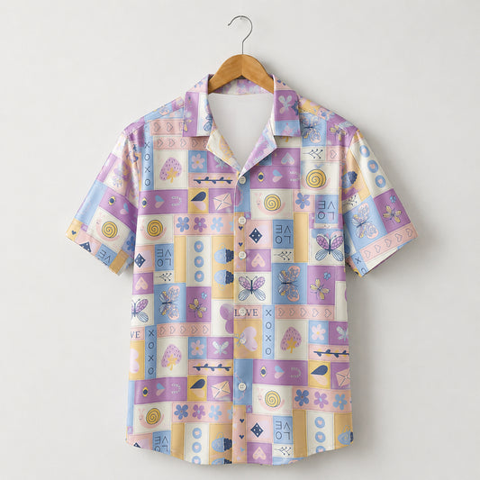 HW-M130-Pastel Lavender Patchwork Y2K Kawaii Butterfly Heart Hawaiian Shirt Cute Summer Vacation Festival Top