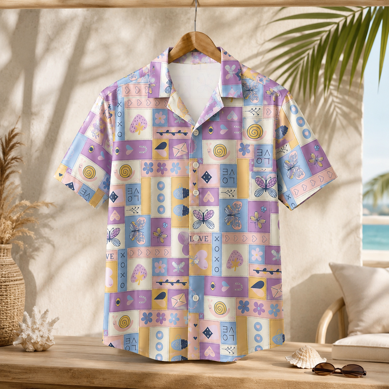 HW-M130-Pastel Lavender Patchwork Y2K Kawaii Butterfly Heart Hawaiian Shirt Cute Summer Vacation Festival Top