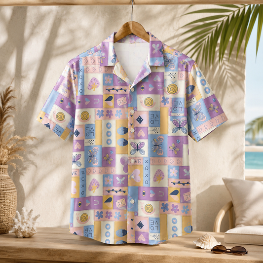 HW-M130-Pastel Lavender Patchwork Y2K Kawaii Butterfly Heart Hawaiian Shirt Cute Summer Vacation Festival Top