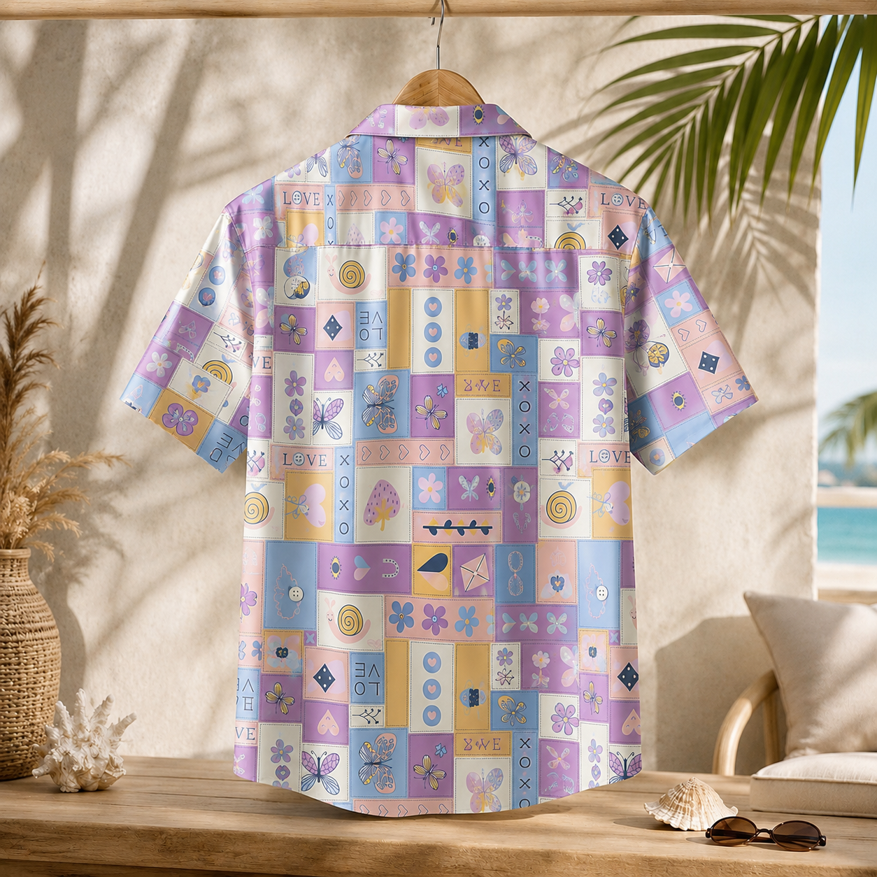 HW-M130-Pastel Lavender Patchwork Y2K Kawaii Butterfly Heart Hawaiian Shirt Cute Summer Vacation Festival Top