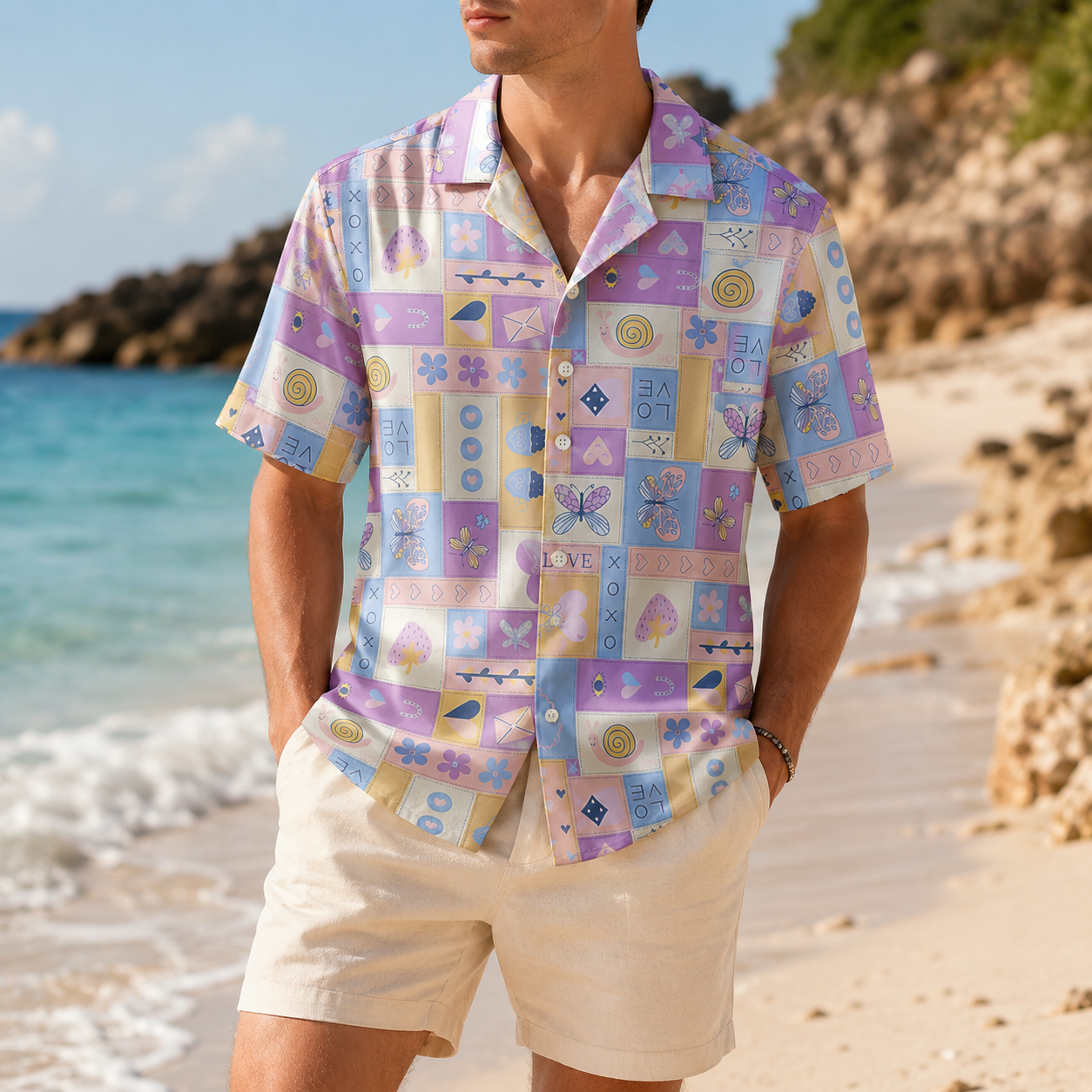 HW-M130-Pastel Lavender Patchwork Y2K Kawaii Butterfly Heart Hawaiian Shirt Cute Summer Vacation Festival Top