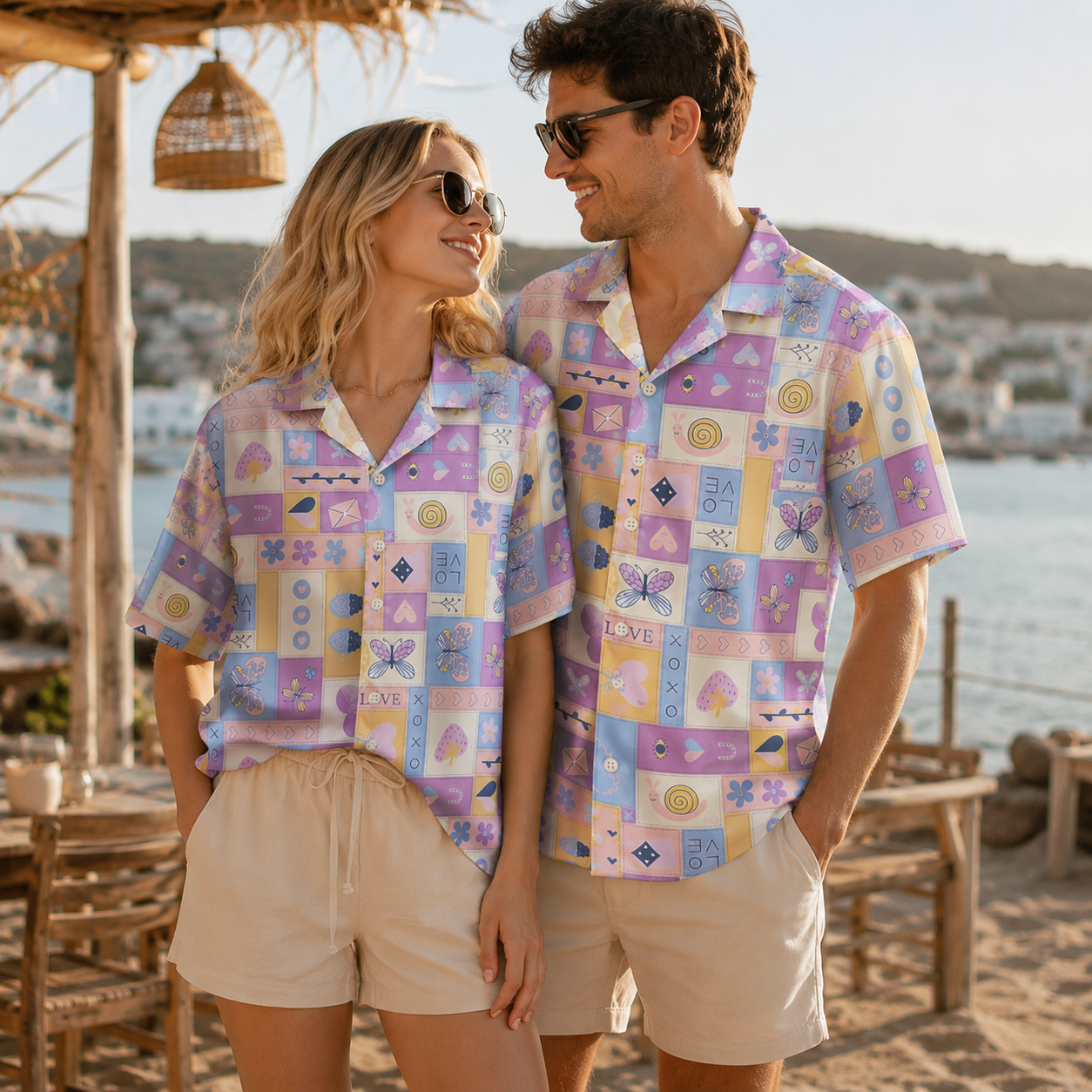 HW-M130-Pastel Lavender Patchwork Y2K Kawaii Butterfly Heart Hawaiian Shirt Cute Summer Vacation Festival Top