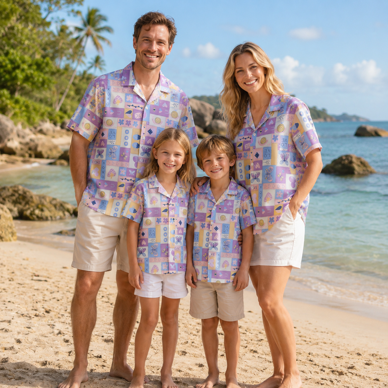 HW-M130-Pastel Lavender Patchwork Y2K Kawaii Butterfly Heart Hawaiian Shirt Cute Summer Vacation Festival Top