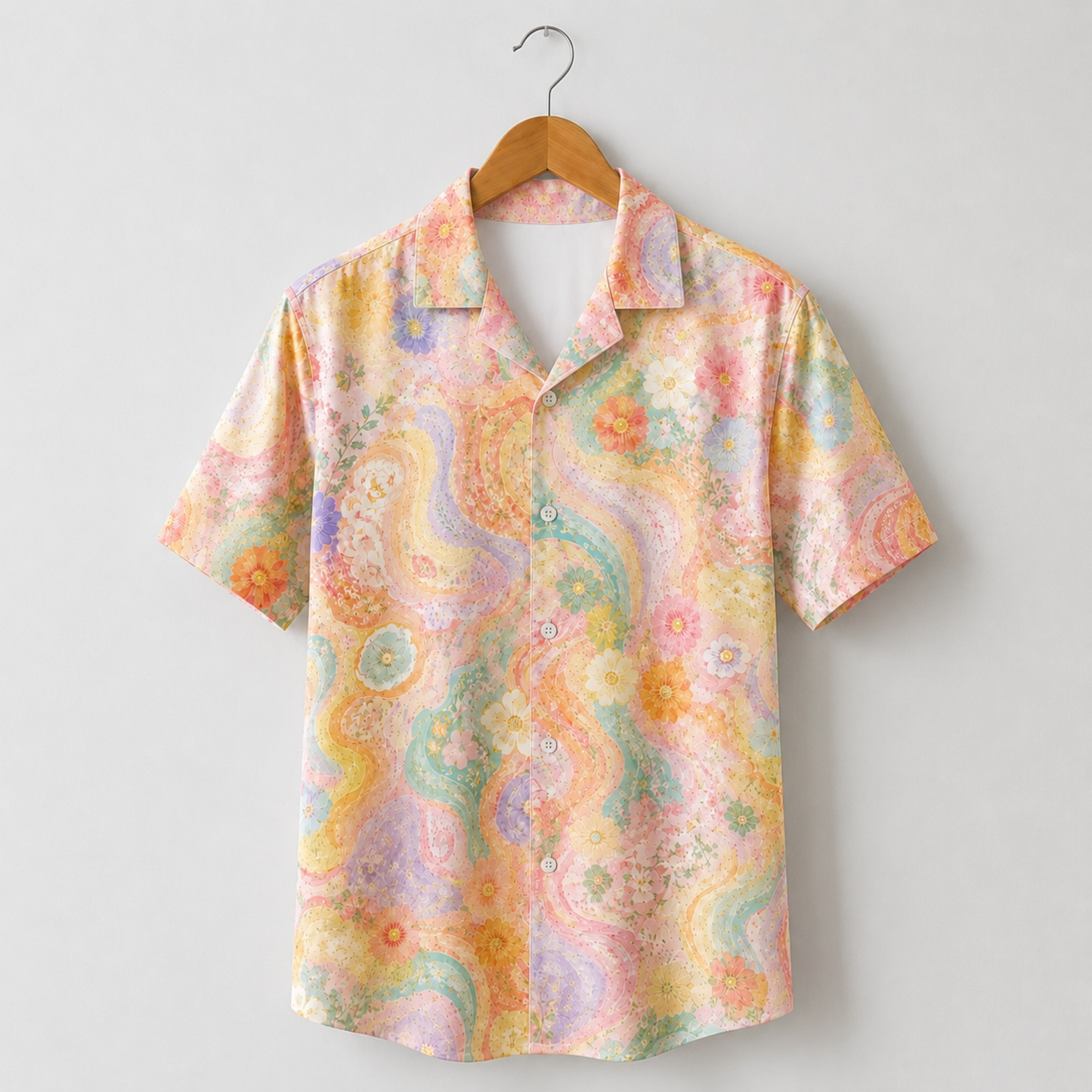 HW-M131-Pastel Groovy Wavy Floral Psychedelic Retro Hawaiian Shirt Boho Summer Vacation Button Down Top