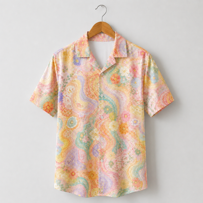 HW-M131-Pastel Groovy Wavy Floral Psychedelic Retro Hawaiian Shirt Boho Summer Vacation Button Down Top