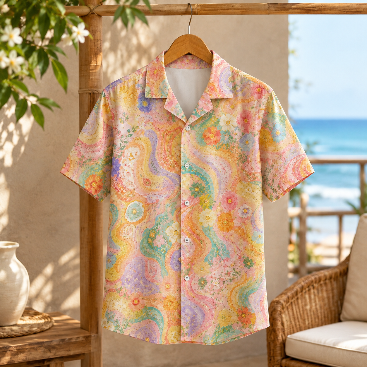 HW-M131-Pastel Groovy Wavy Floral Psychedelic Retro Hawaiian Shirt Boho Summer Vacation Button Down Top