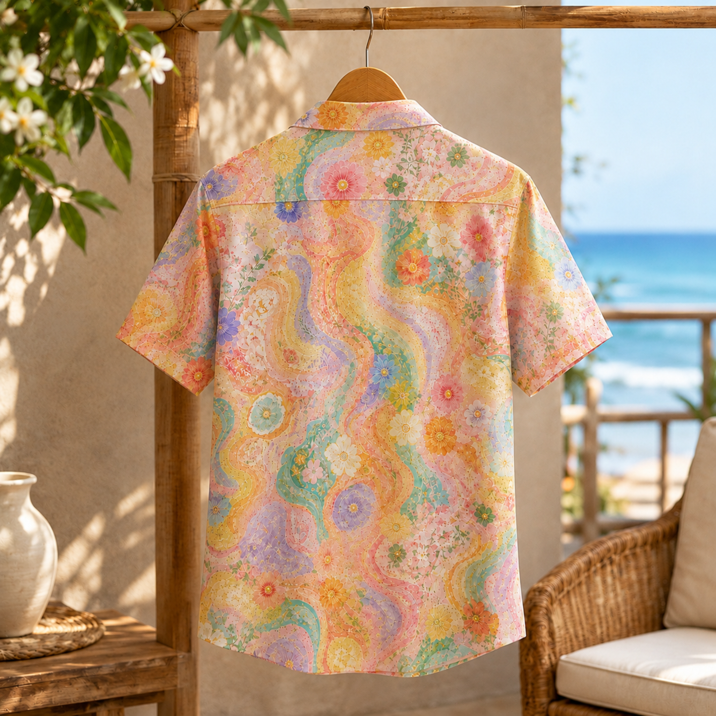 HW-M131-Pastel Groovy Wavy Floral Psychedelic Retro Hawaiian Shirt Boho Summer Vacation Button Down Top