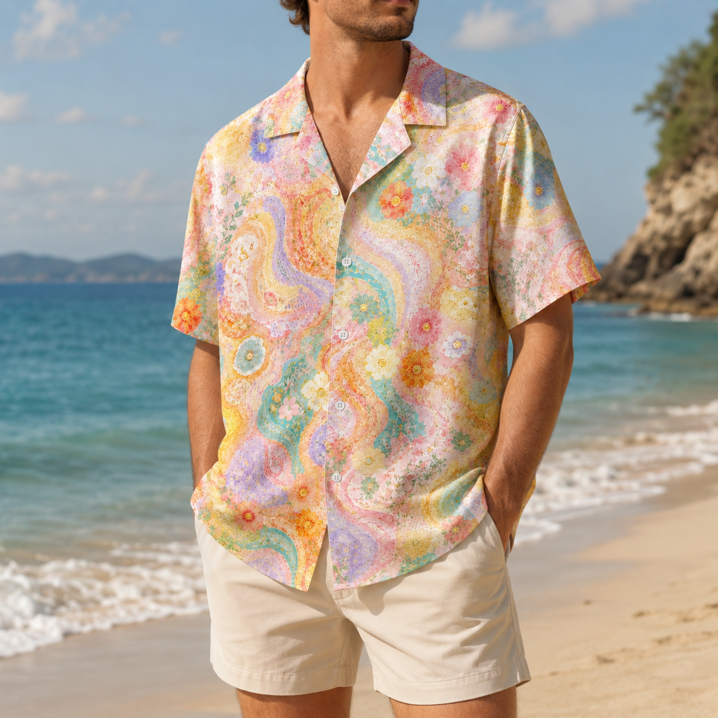HW-M131-Pastel Groovy Wavy Floral Psychedelic Retro Hawaiian Shirt Boho Summer Vacation Button Down Top