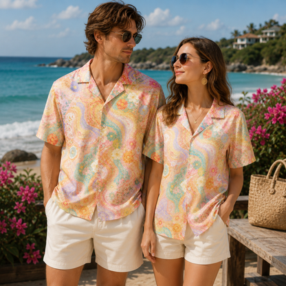 HW-M131-Pastel Groovy Wavy Floral Psychedelic Retro Hawaiian Shirt Boho Summer Vacation Button Down Top