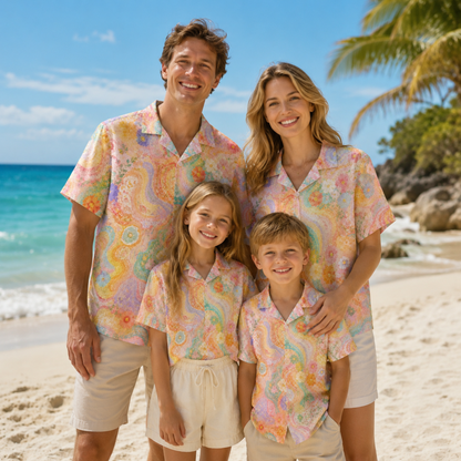 HW-M131-Pastel Groovy Wavy Floral Psychedelic Retro Hawaiian Shirt Boho Summer Vacation Button Down Top
