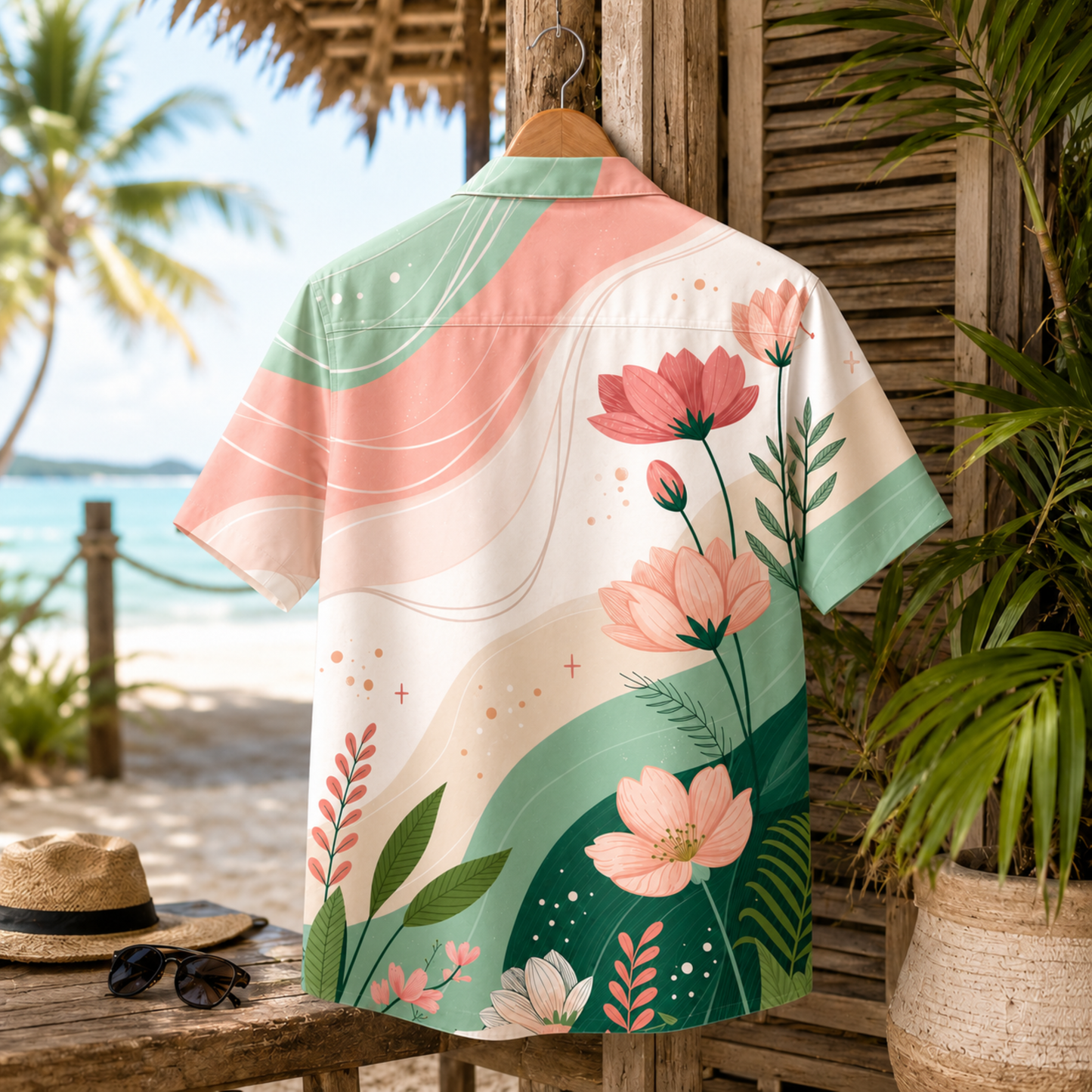 HW-M132-Modern Minimalist Blush Pink Floral Sage Green Wavy Hawaiian Shirt Summer Vacation Resort Top