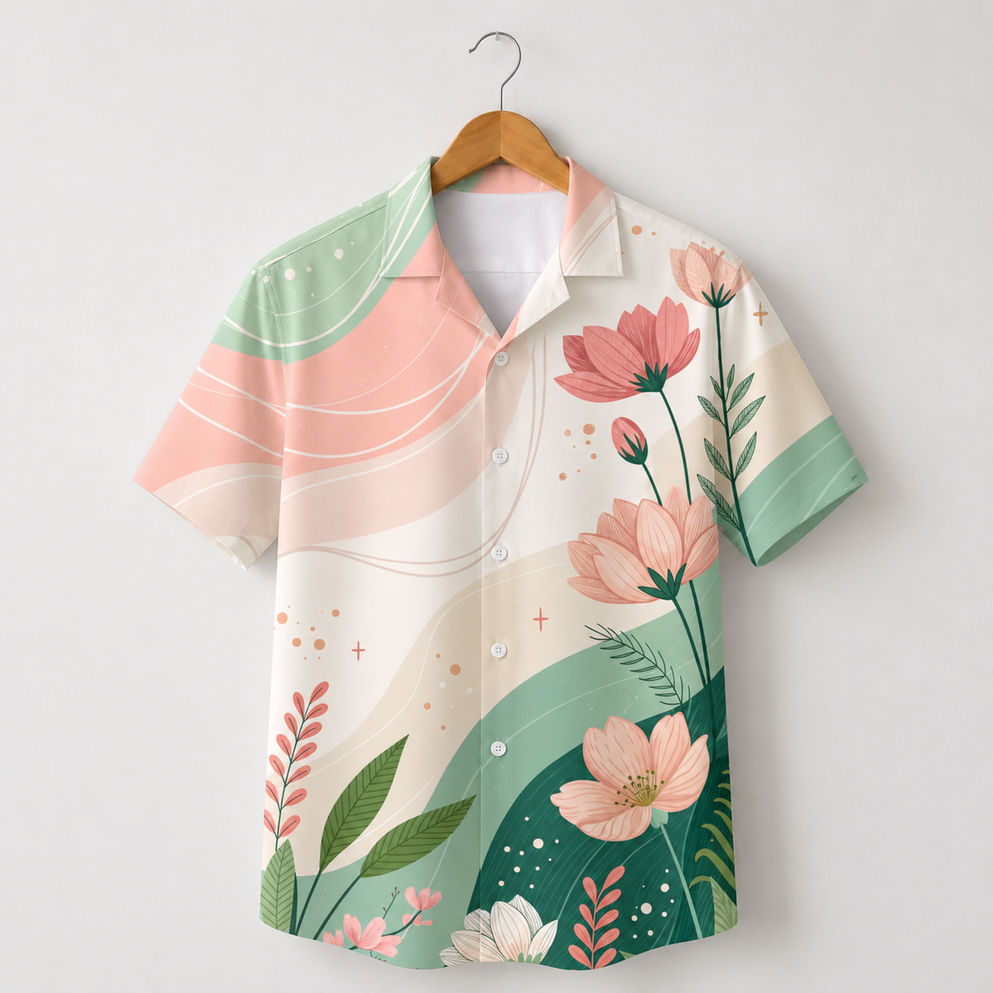 HW-M132-Modern Minimalist Blush Pink Floral Sage Green Wavy Hawaiian Shirt Summer Vacation Resort Top