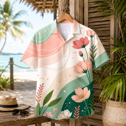 HW-M132-Modern Minimalist Blush Pink Floral Sage Green Wavy Hawaiian Shirt Summer Vacation Resort Top