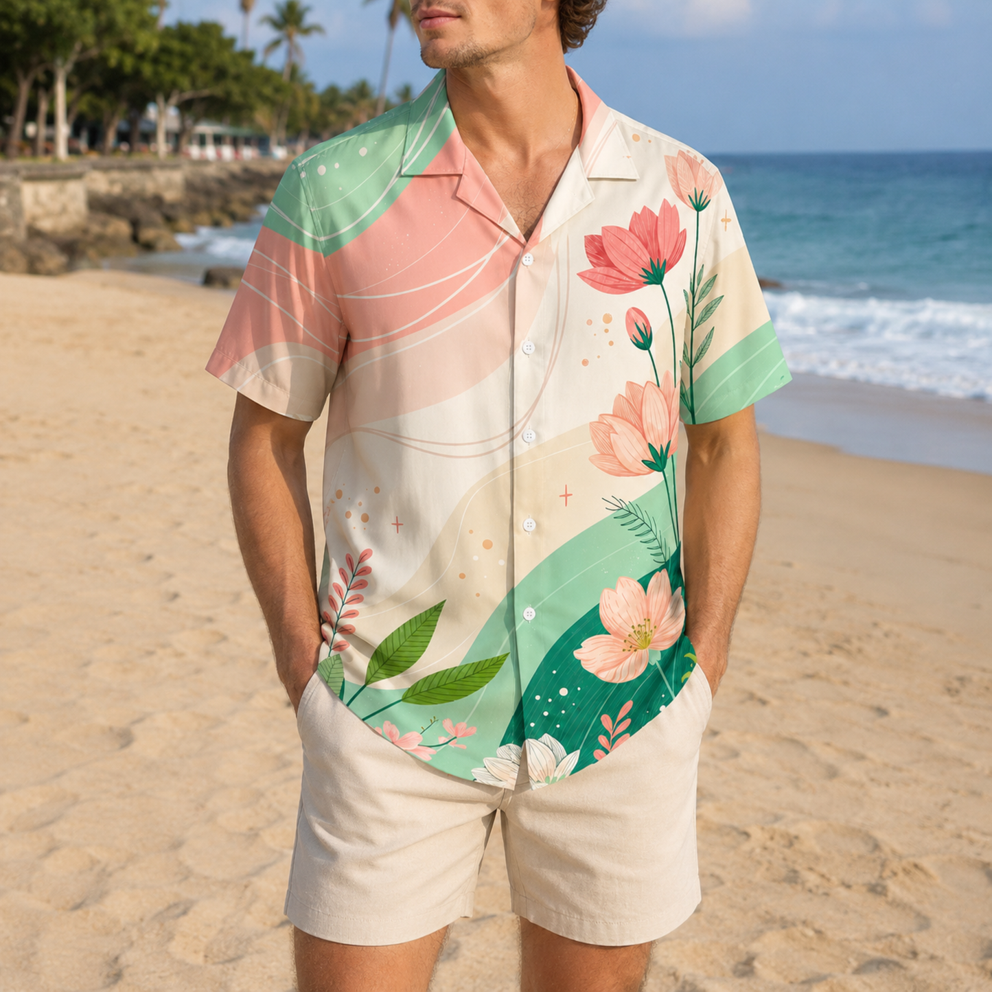 HW-M132-Modern Minimalist Blush Pink Floral Sage Green Wavy Hawaiian Shirt Summer Vacation Resort Top