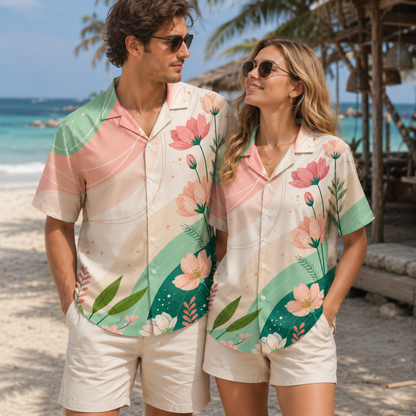 HW-M132-Modern Minimalist Blush Pink Floral Sage Green Wavy Hawaiian Shirt Summer Vacation Resort Top