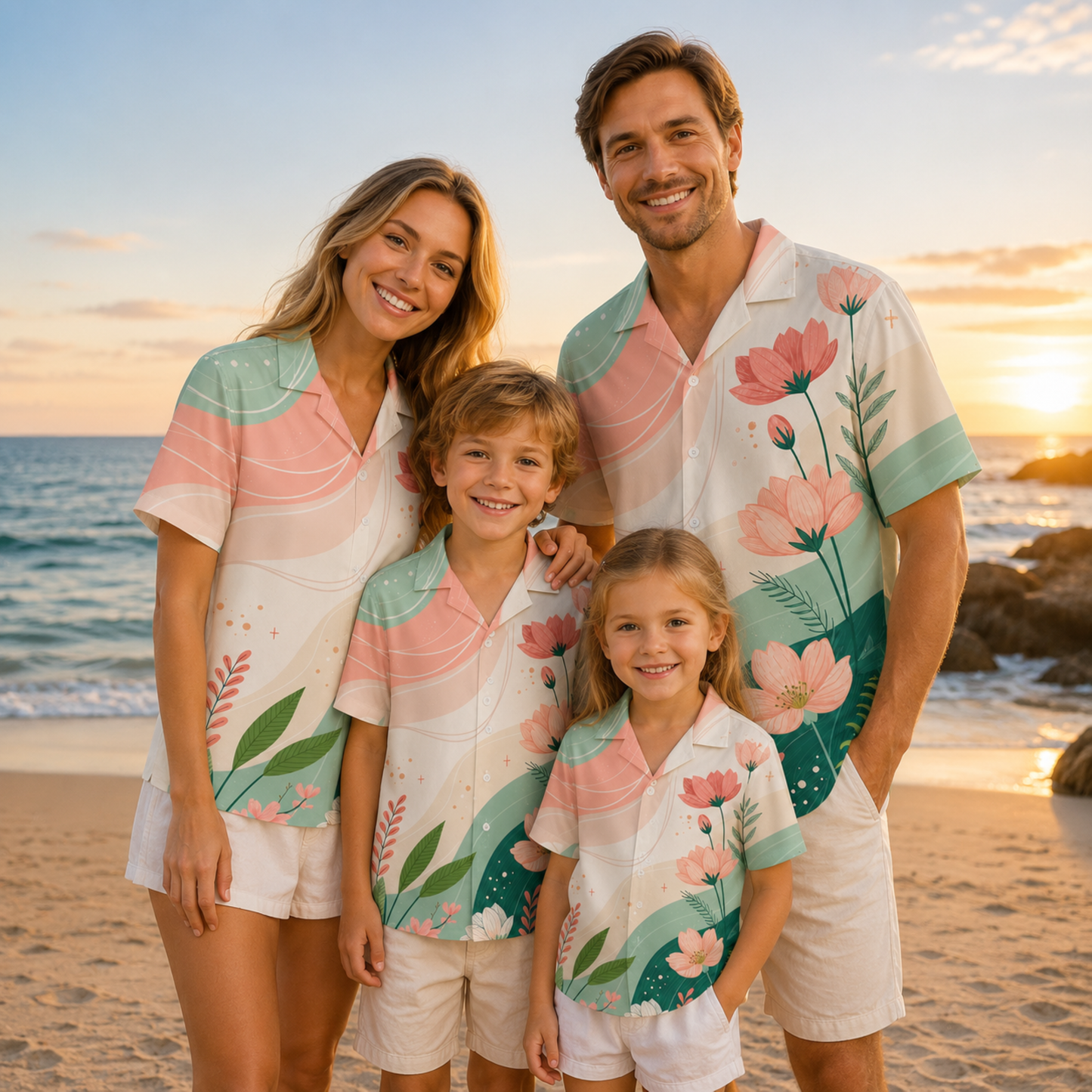 HW-M132-Modern Minimalist Blush Pink Floral Sage Green Wavy Hawaiian Shirt Summer Vacation Resort Top