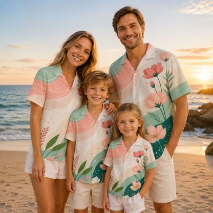 HW-M132-Modern Minimalist Blush Pink Floral Sage Green Wavy Hawaiian Shirt Summer Vacation Resort Top