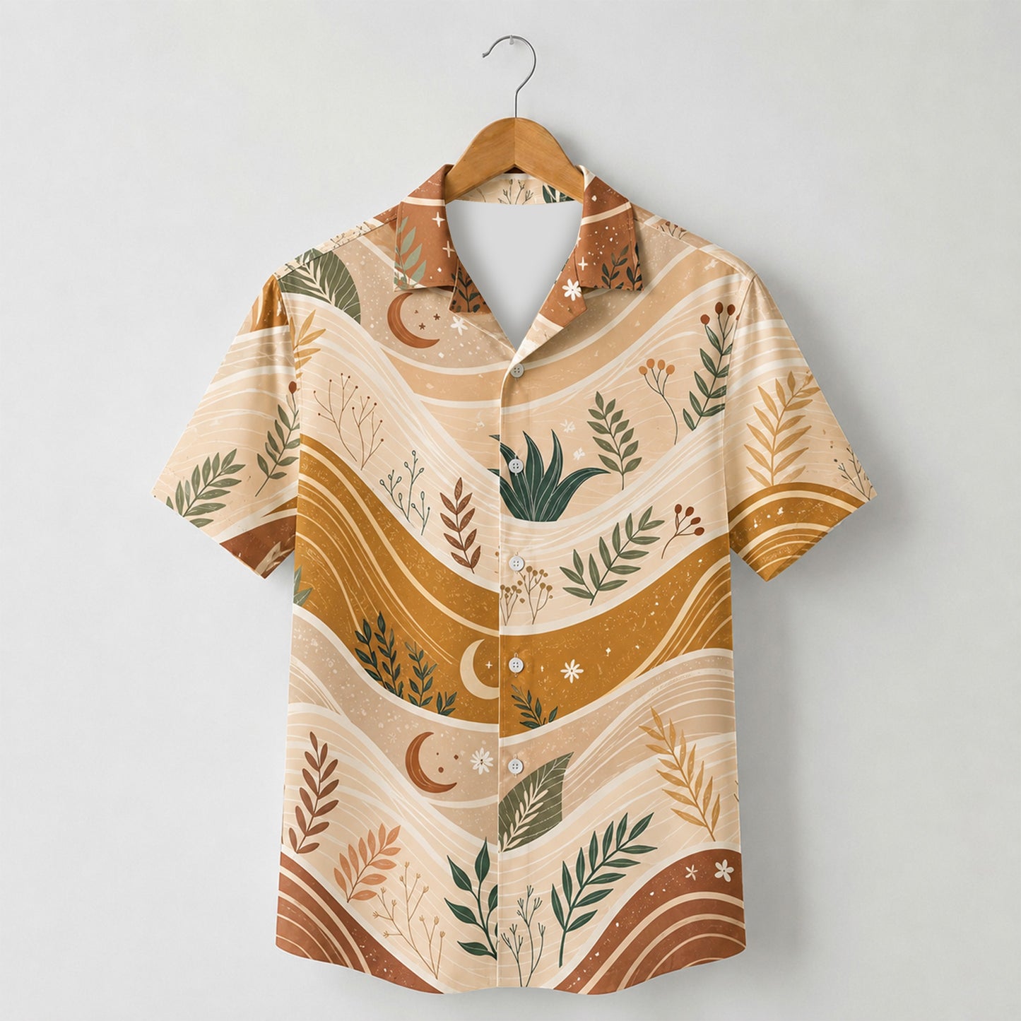 HW-M133-Terracotta Woven Summer Aloha Shirt, Vibrant Botanical Graphic Short Sleeve Leisure Wear Raiment