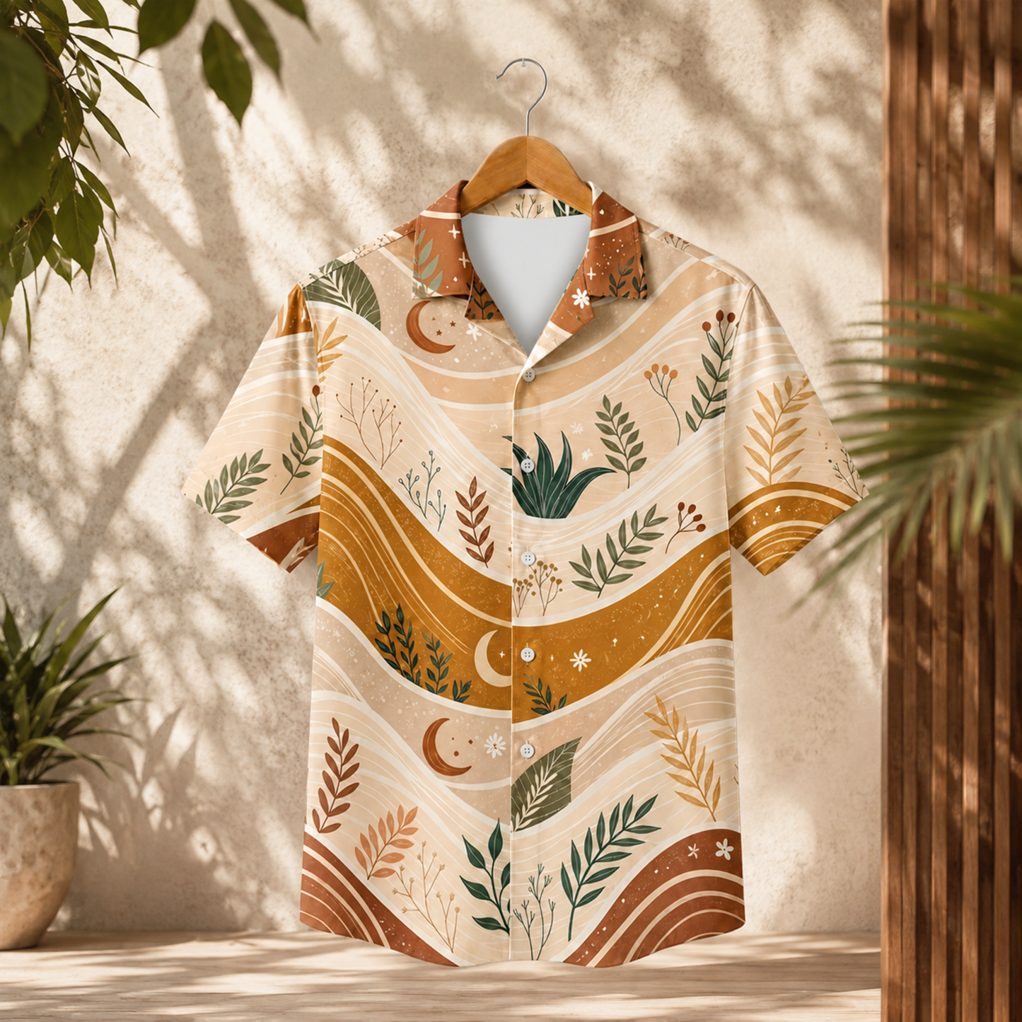 HW-M133-Terracotta Woven Summer Aloha Shirt, Vibrant Botanical Graphic Short Sleeve Leisure Wear Raiment