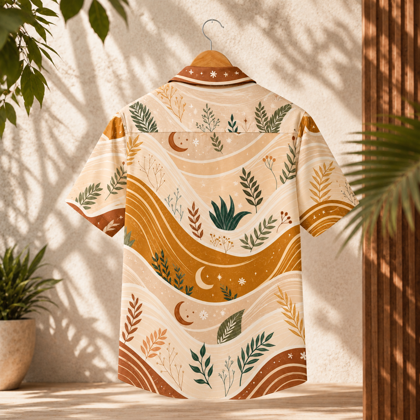 HW-M133-Terracotta Woven Summer Aloha Shirt, Vibrant Botanical Graphic Short Sleeve Leisure Wear Raiment