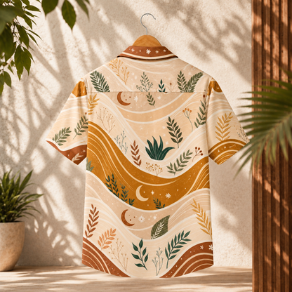 HW-M133-Terracotta Woven Summer Aloha Shirt, Vibrant Botanical Graphic Short Sleeve Leisure Wear Raiment