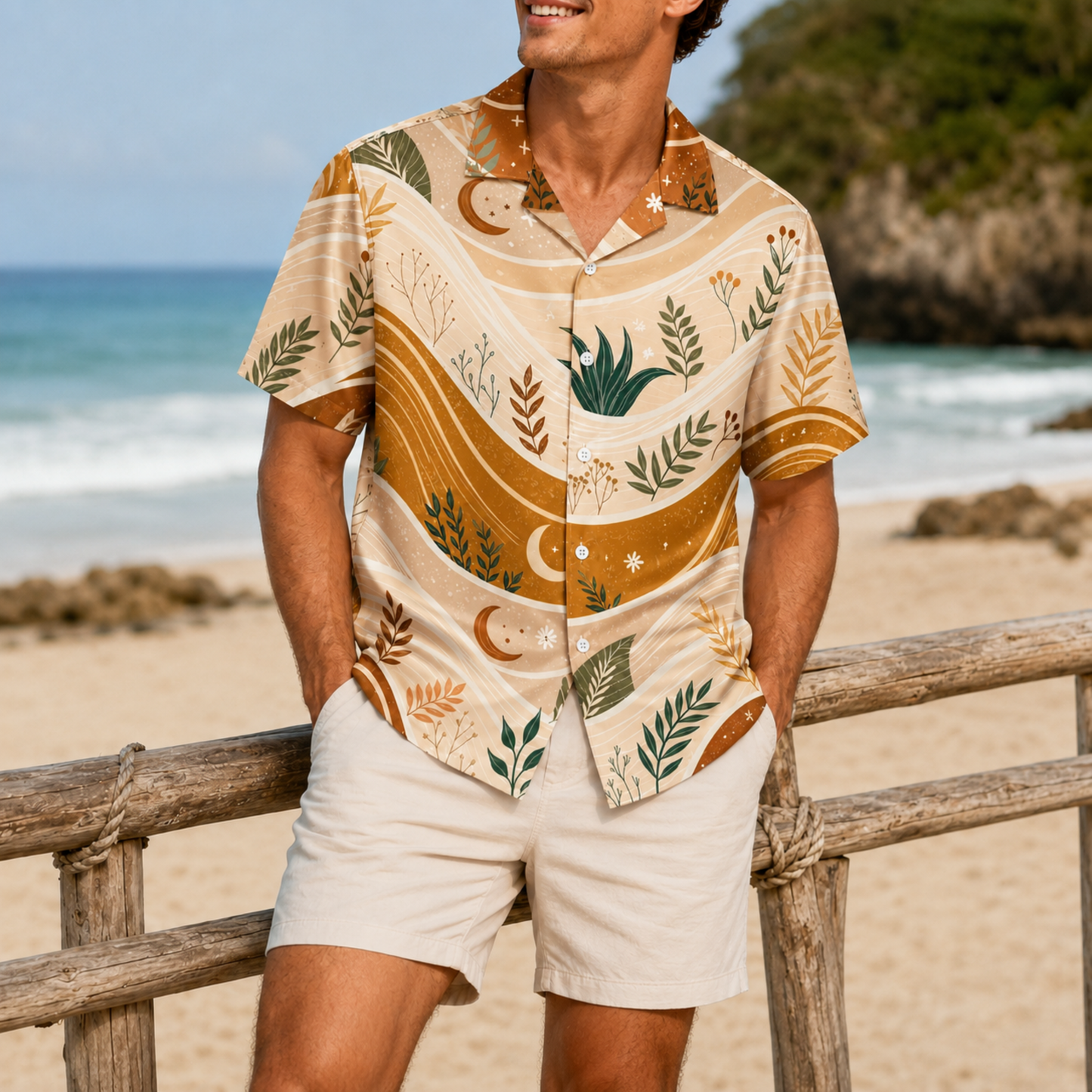 HW-M133-Terracotta Woven Summer Aloha Shirt, Vibrant Botanical Graphic Short Sleeve Leisure Wear Raiment