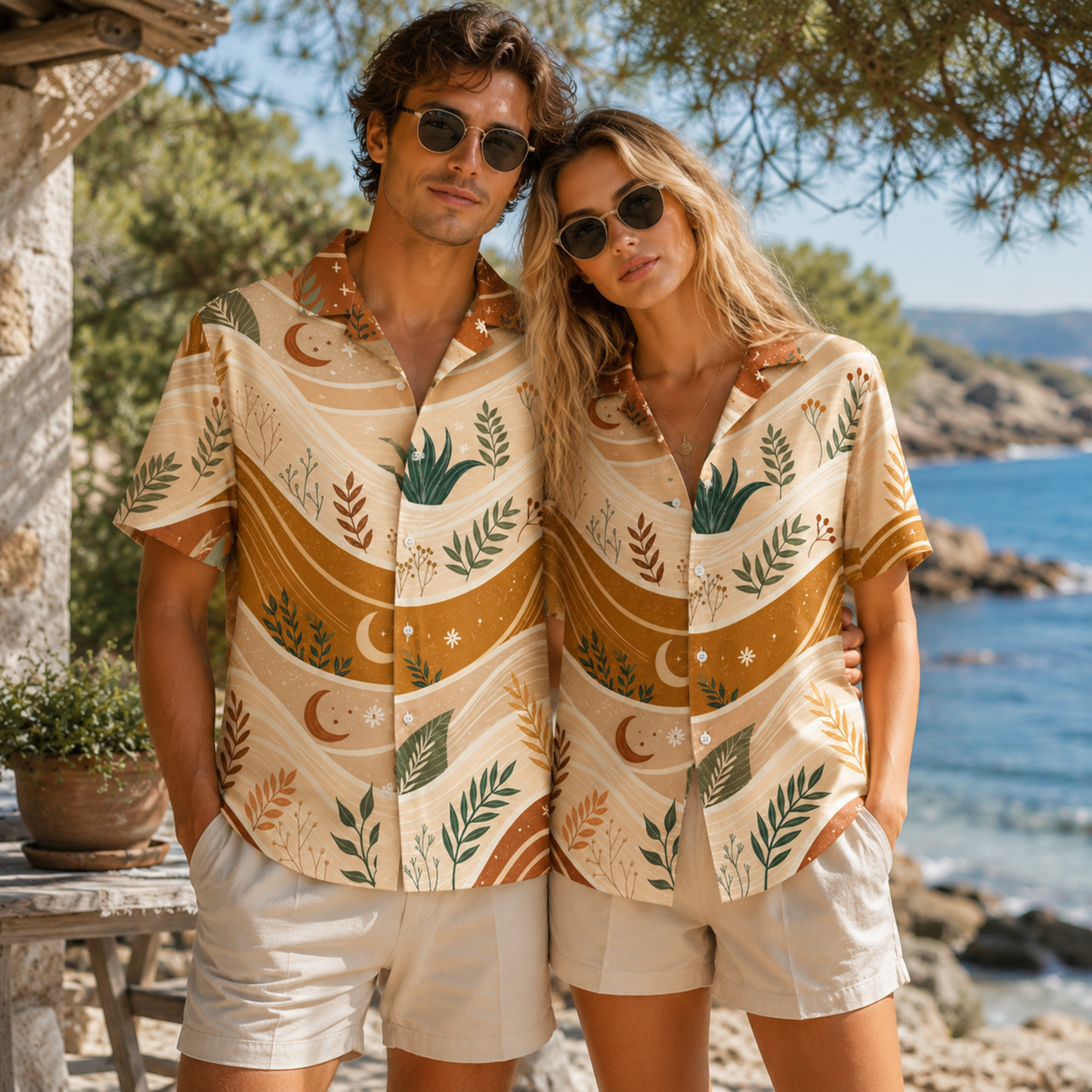HW-M133-Terracotta Woven Summer Aloha Shirt, Vibrant Botanical Graphic Short Sleeve Leisure Wear Raiment