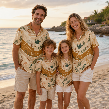 HW-M133-Terracotta Woven Summer Aloha Shirt, Vibrant Botanical Graphic Short Sleeve Leisure Wear Raiment