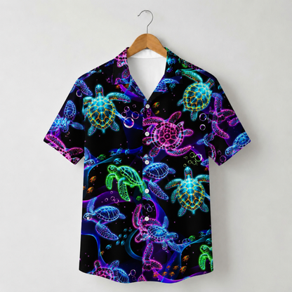 HW-M134-Black Polyester Hawaiian Resort Shirt, Neon Turtle Pattern Short Sleeve Button Top Clothing