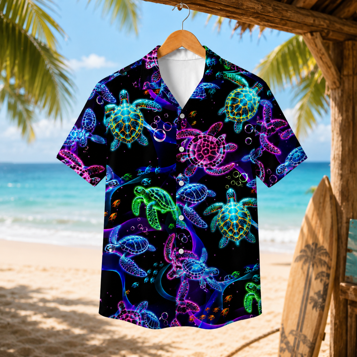 HW-M134-Black Polyester Hawaiian Resort Shirt, Neon Turtle Pattern Short Sleeve Button Top Clothing