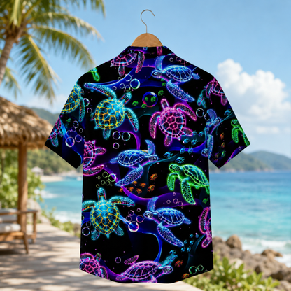 HW-M134-Black Polyester Hawaiian Resort Shirt, Neon Turtle Pattern Short Sleeve Button Top Clothing