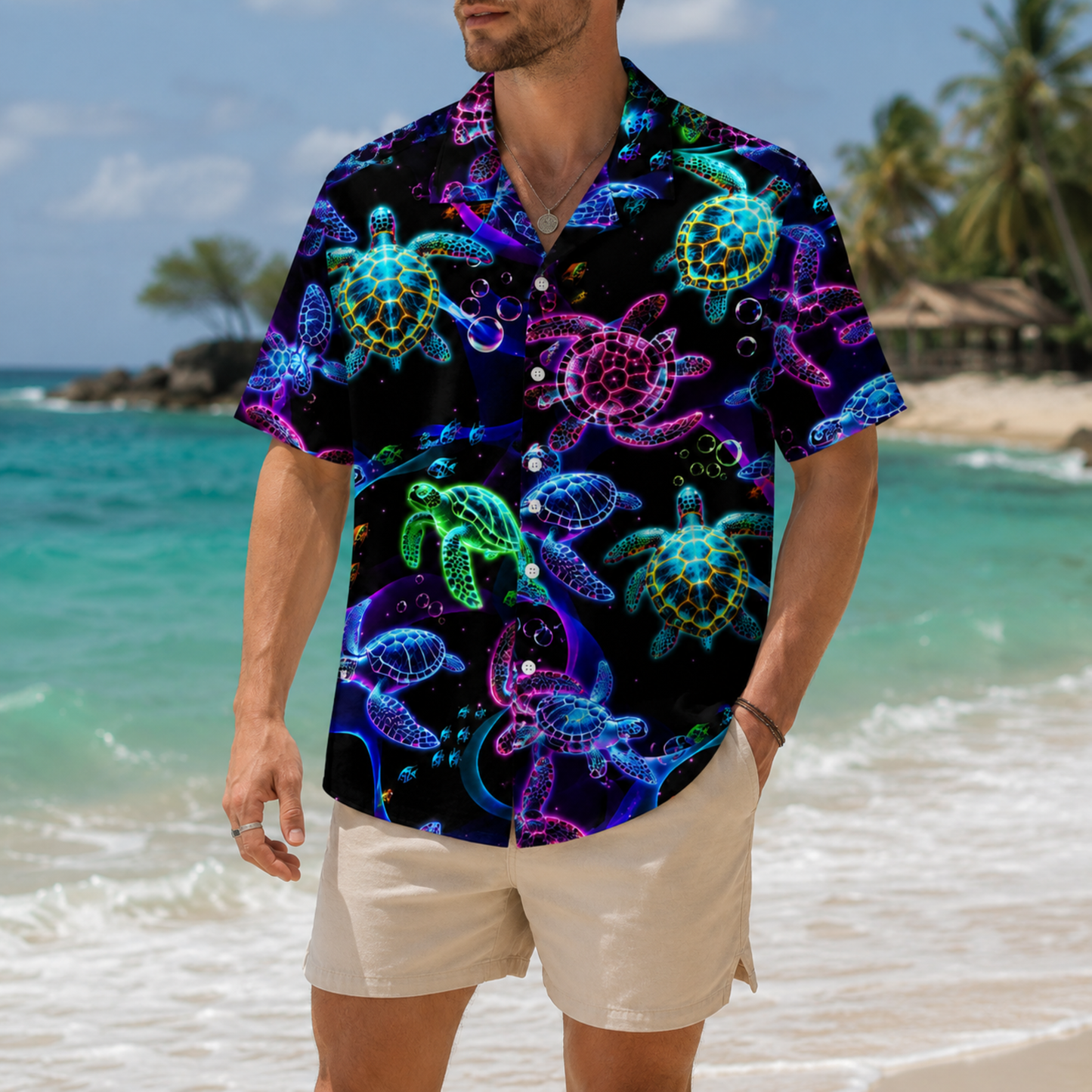 HW-M134-Black Polyester Hawaiian Resort Shirt, Neon Turtle Pattern Short Sleeve Button Top Clothing