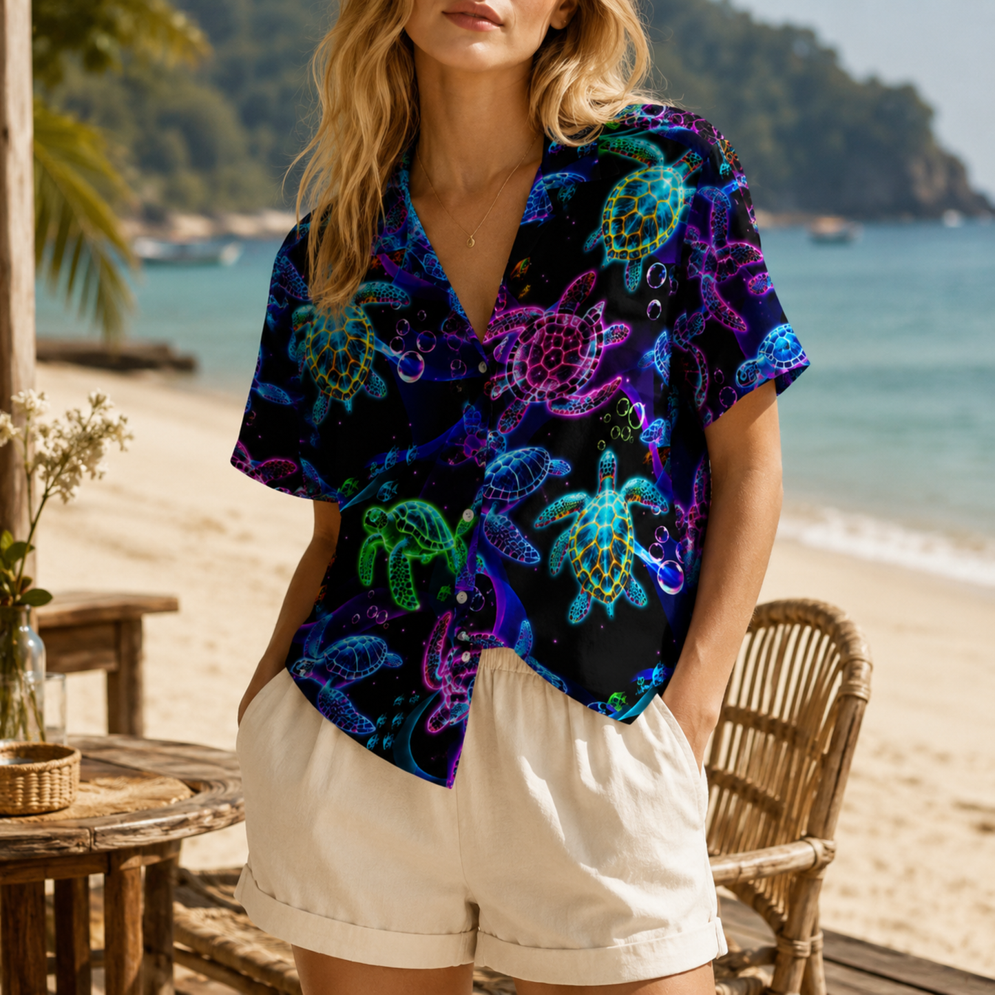HW-M134-Black Polyester Hawaiian Resort Shirt, Neon Turtle Pattern Short Sleeve Button Top Clothing