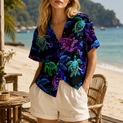 HW-M134-Black Polyester Hawaiian Resort Shirt, Neon Turtle Pattern Short Sleeve Button Top Clothing