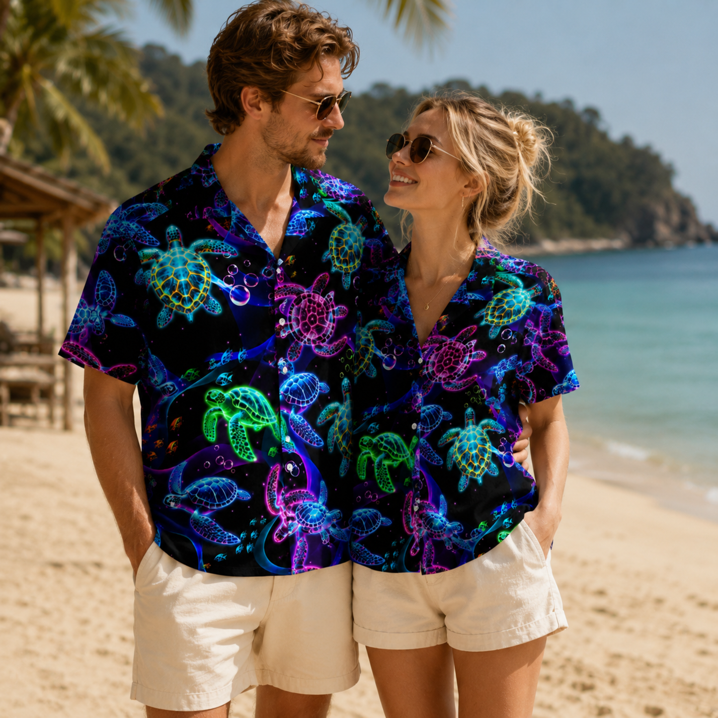 HW-M134-Black Polyester Hawaiian Resort Shirt, Neon Turtle Pattern Short Sleeve Button Top Clothing