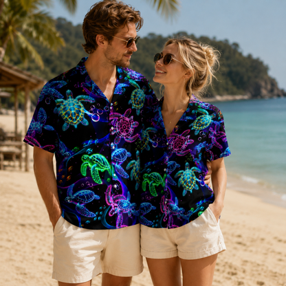 HW-M134-Black Polyester Hawaiian Resort Shirt, Neon Turtle Pattern Short Sleeve Button Top Clothing