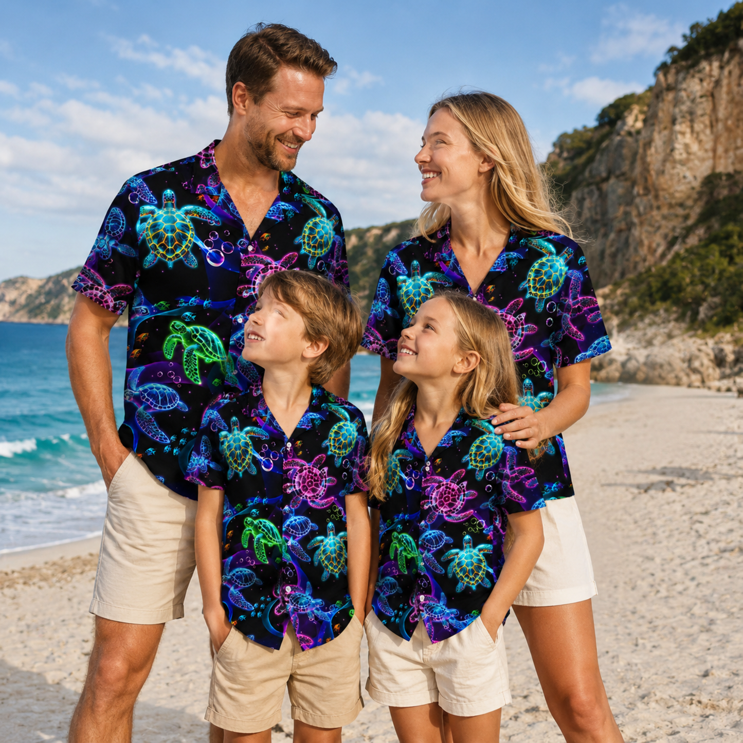 HW-M134-Black Polyester Hawaiian Resort Shirt, Neon Turtle Pattern Short Sleeve Button Top Clothing