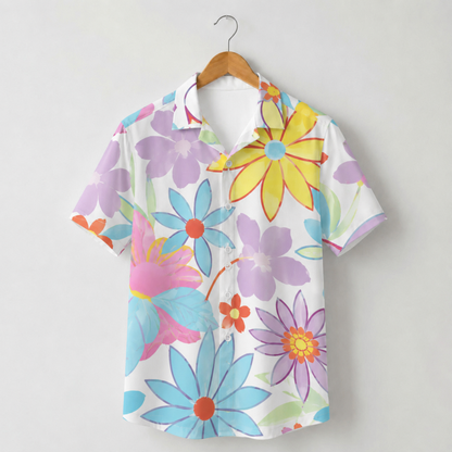 HW-M137-Alabaster Lightweight Coastal Vacation Shirt, Sweet Blossom Printed Short Sleeve Casual Apparel Attire