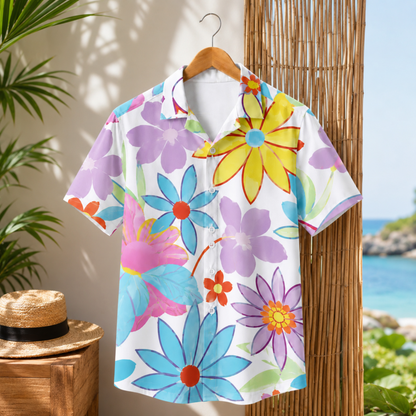 HW-M137-Alabaster Lightweight Coastal Vacation Shirt, Sweet Blossom Printed Short Sleeve Casual Apparel Attire