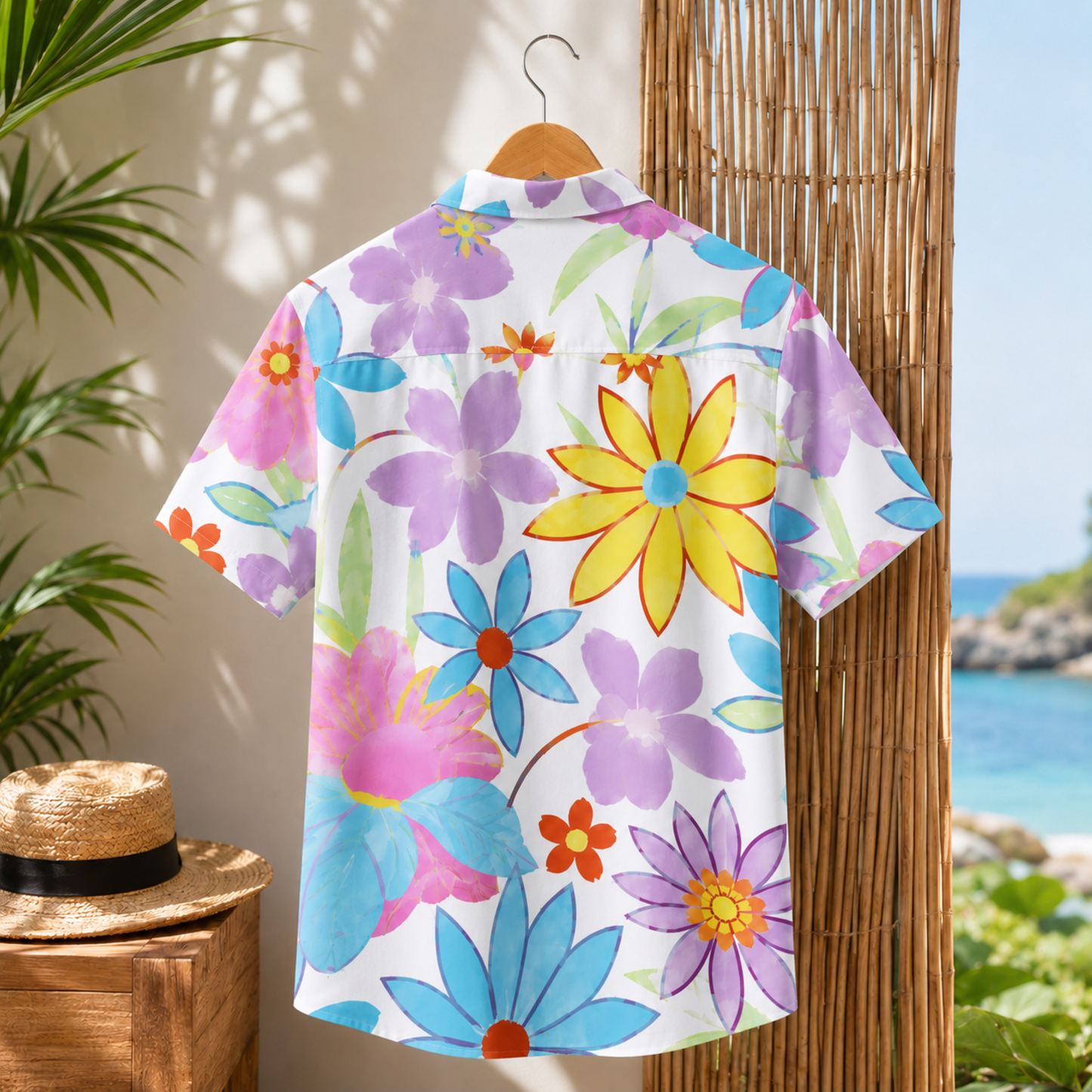 HW-M137-Alabaster Lightweight Coastal Vacation Shirt, Sweet Blossom Printed Short Sleeve Casual Apparel Attire