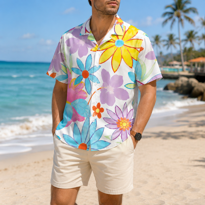 HW-M137-Alabaster Lightweight Coastal Vacation Shirt, Sweet Blossom Printed Short Sleeve Casual Apparel Attire