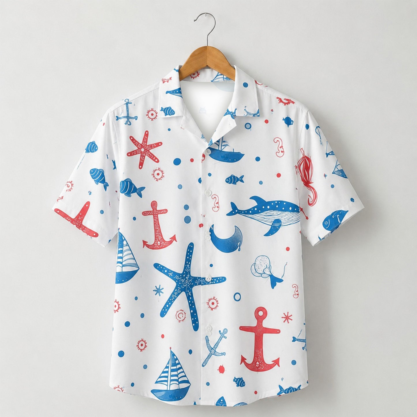 HW-M138-White Polyester Hawaiian Beach Resort Shirt, Nautical Sailboat Pattern Short Sleeve Button Down Clothing