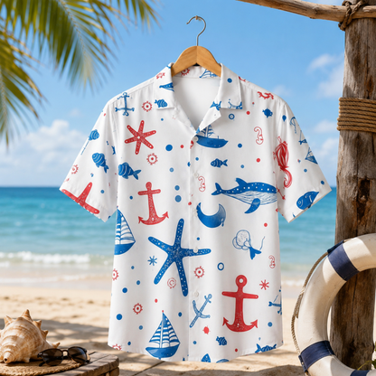 HW-M138-White Polyester Hawaiian Beach Resort Shirt, Nautical Sailboat Pattern Short Sleeve Button Down Clothing
