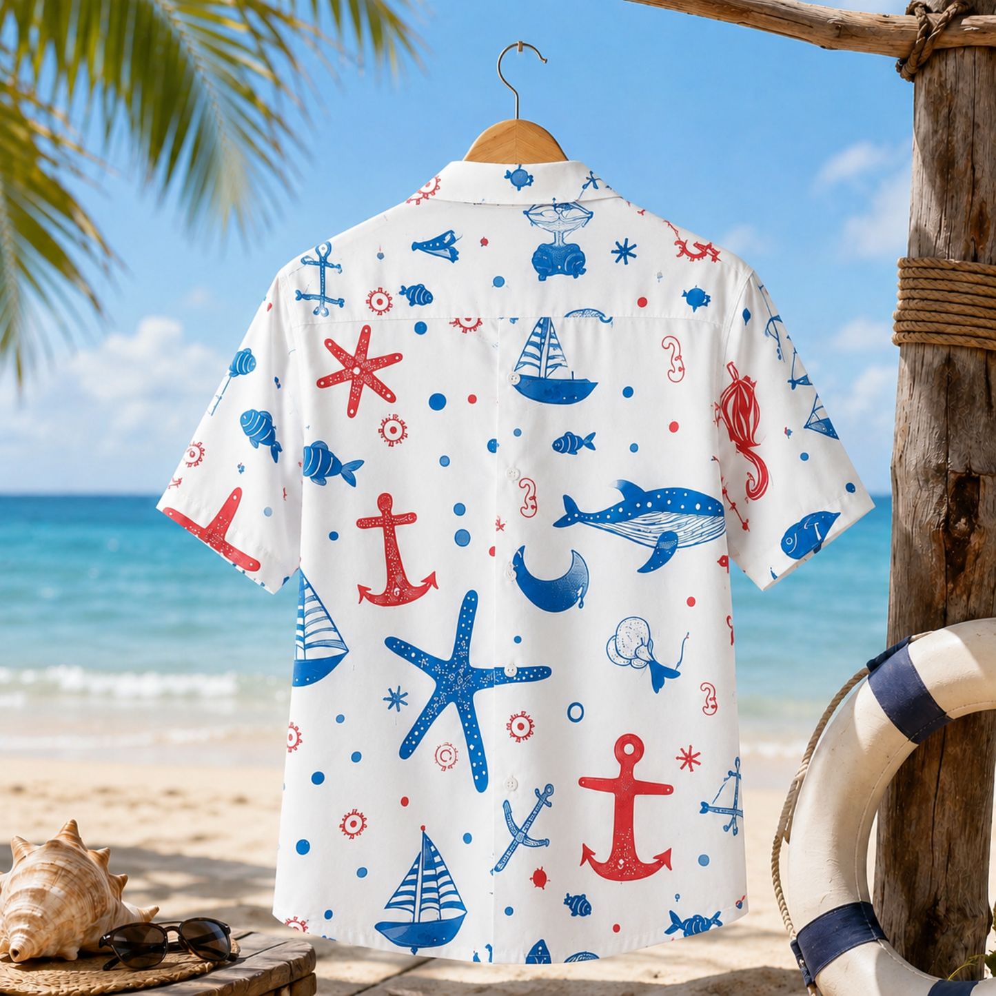HW-M138-White Polyester Hawaiian Beach Resort Shirt, Nautical Sailboat Pattern Short Sleeve Button Down Clothing