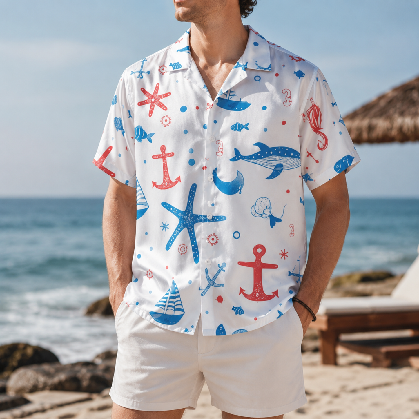 HW-M138-White Polyester Hawaiian Beach Resort Shirt, Nautical Sailboat Pattern Short Sleeve Button Down Clothing