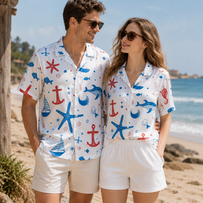 HW-M138-White Polyester Hawaiian Beach Resort Shirt, Nautical Sailboat Pattern Short Sleeve Button Down Clothing