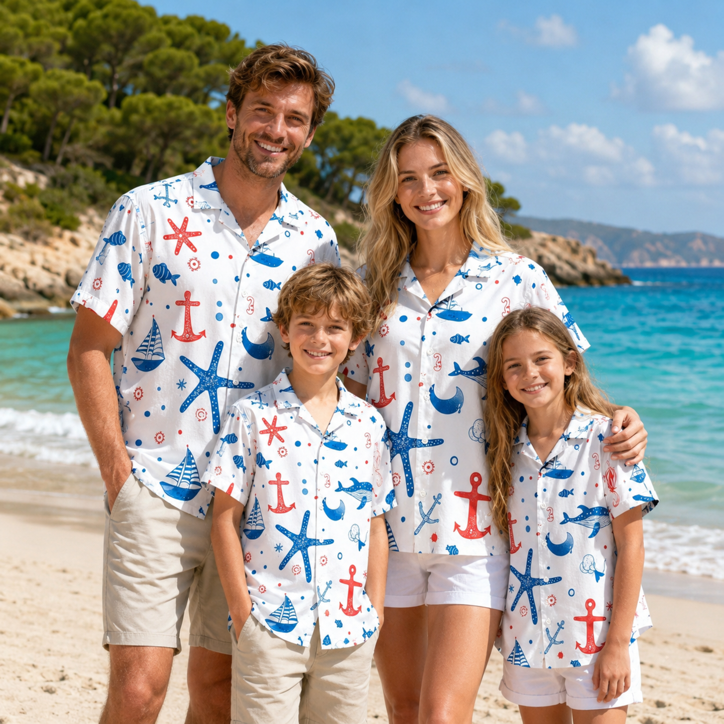HW-M138-White Polyester Hawaiian Beach Resort Shirt, Nautical Sailboat Pattern Short Sleeve Button Down Clothing